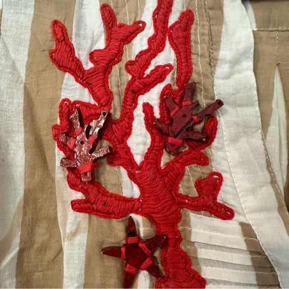 Antica Sartoria Striped Coral Print Embellished Button Down Blouse - Picture 4 of 7